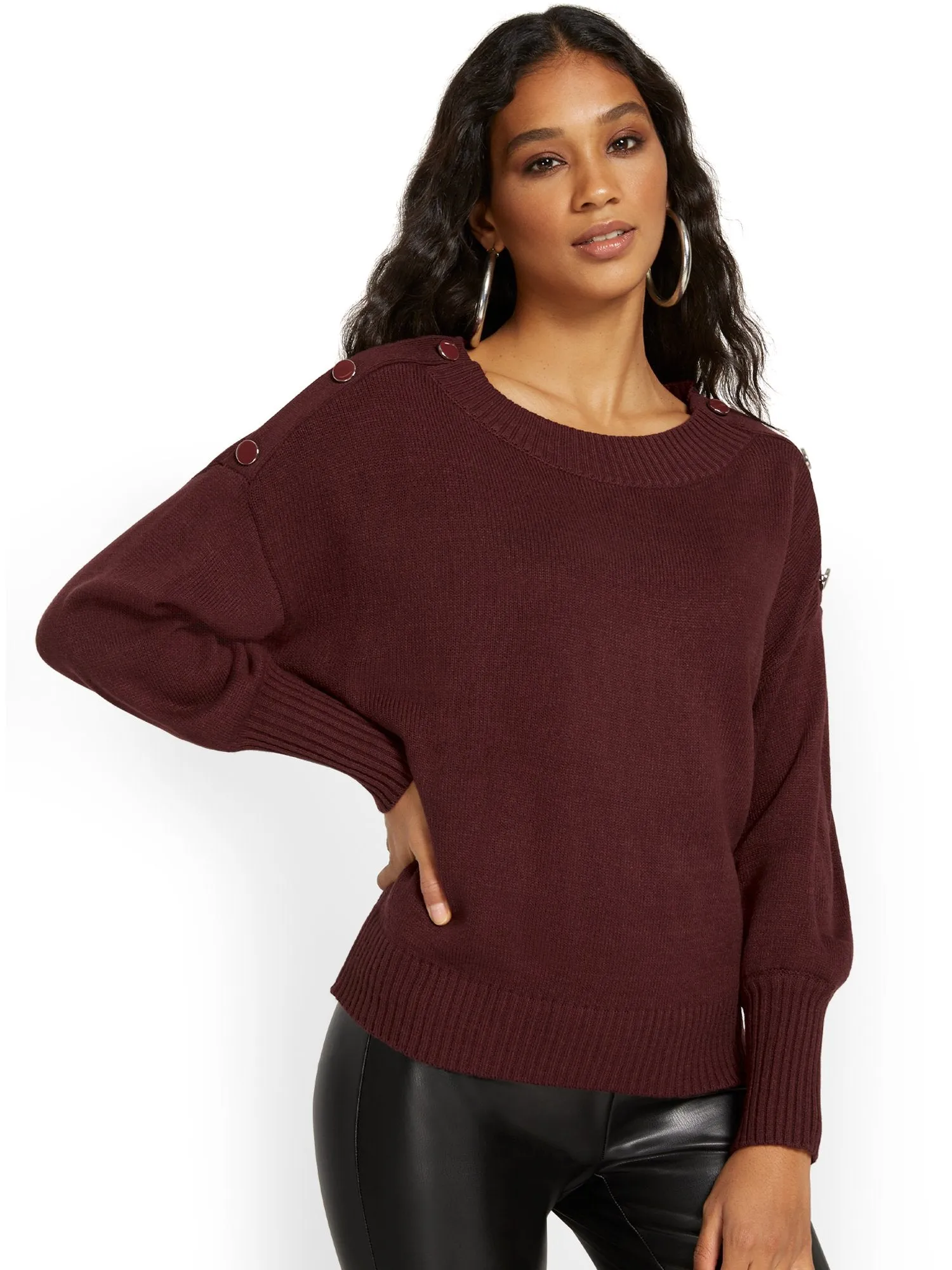 Button-Shoulder Pullover Sweater