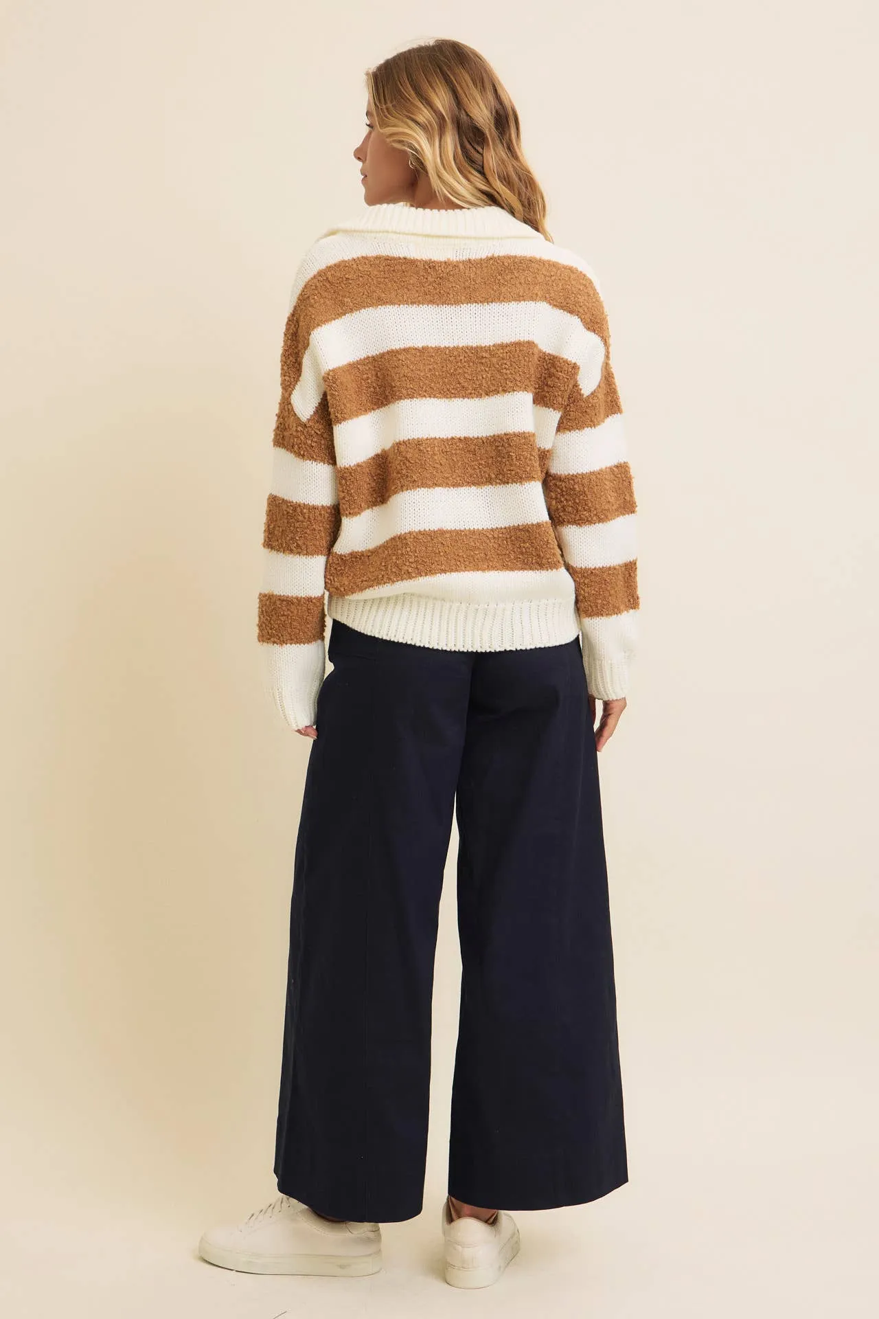 Camel Striped V-Neck Teddy Sweater