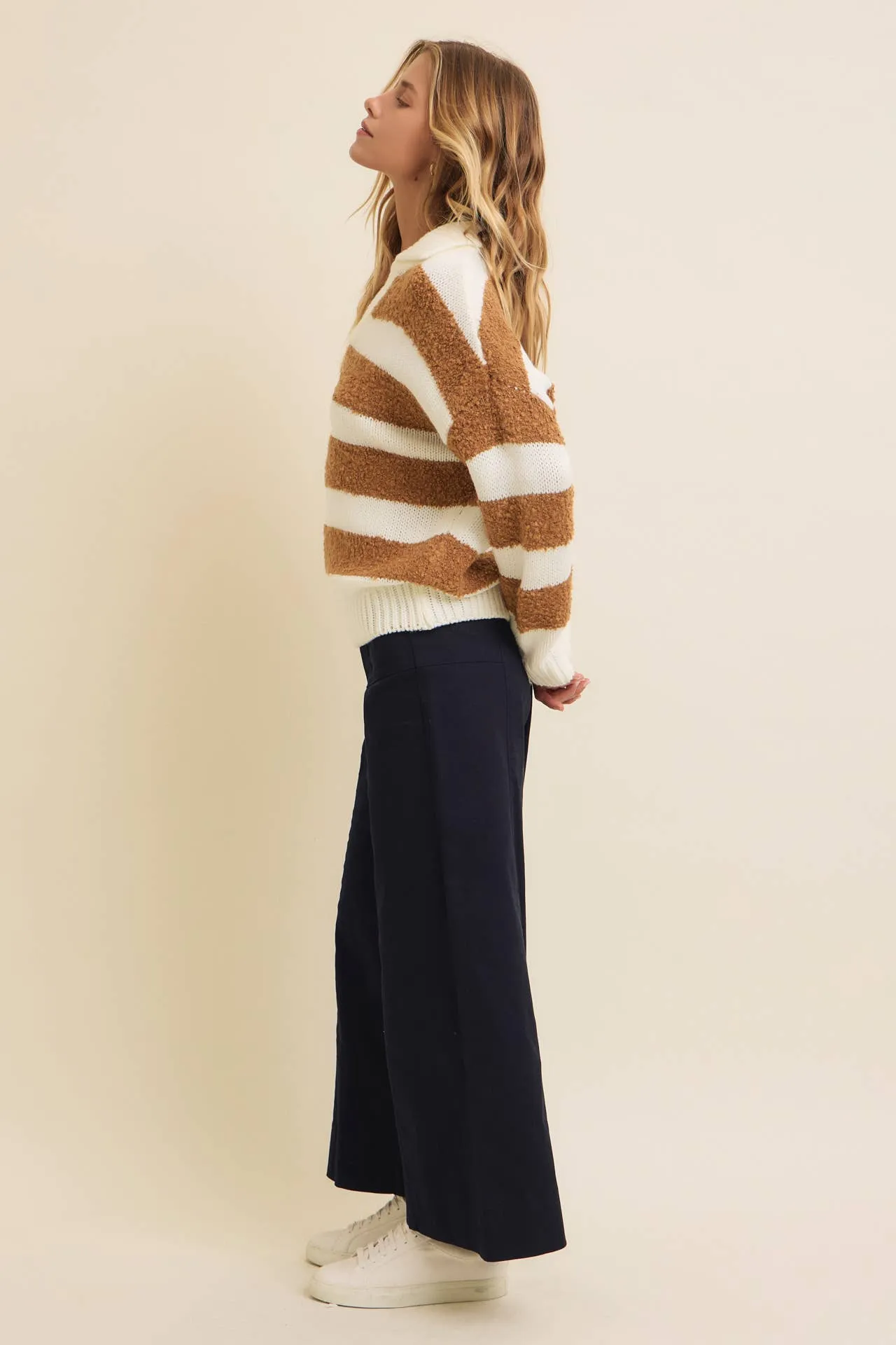 Camel Striped V-Neck Teddy Sweater