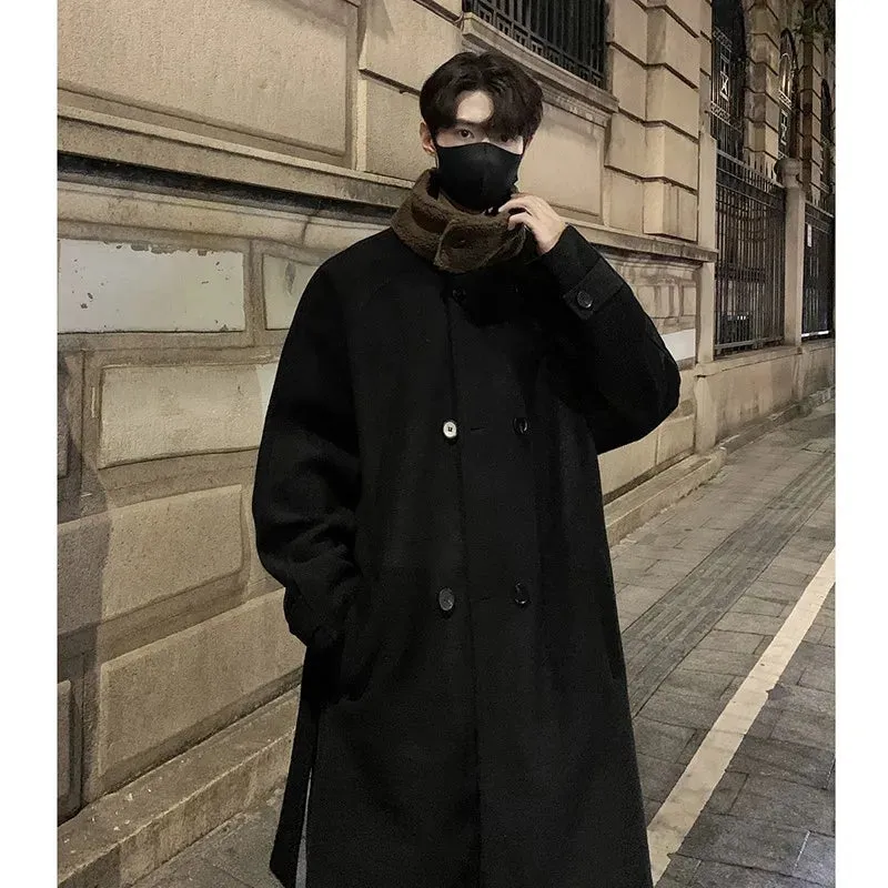 Chicmy-Men's Lamb wool Patchwork Woolen Overcoat Men High-end Stand Collar Casual Loose Korean Style Winter New Elegant Trench Coat