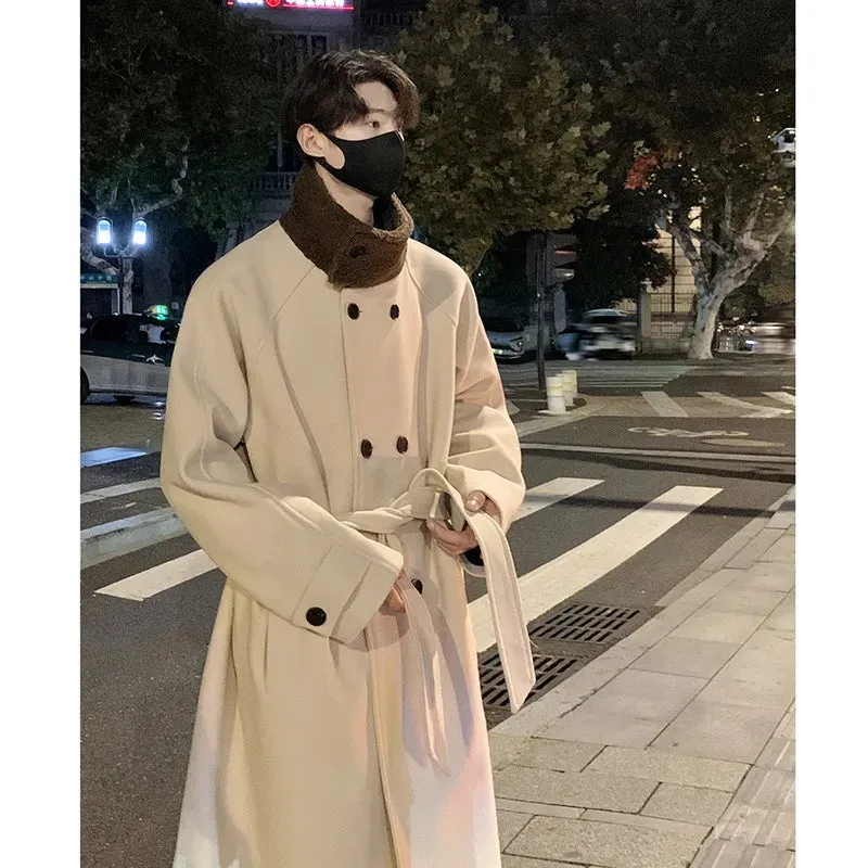 Chicmy-Men's Lamb wool Patchwork Woolen Overcoat Men High-end Stand Collar Casual Loose Korean Style Winter New Elegant Trench Coat