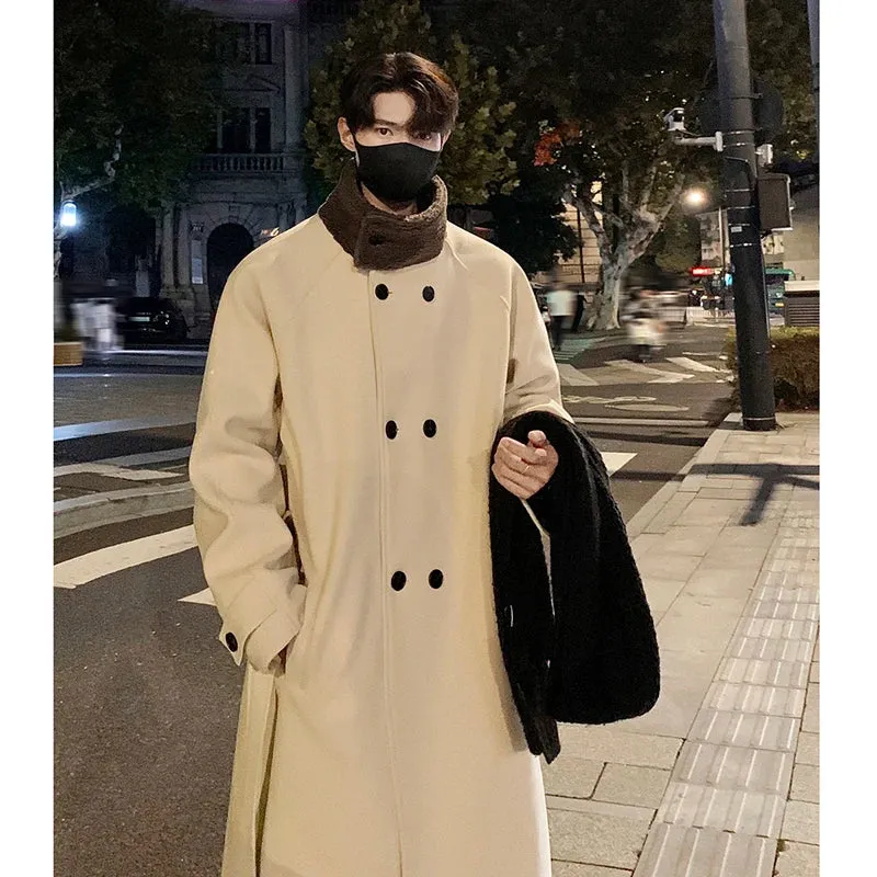 Chicmy-Men's Lamb wool Patchwork Woolen Overcoat Men High-end Stand Collar Casual Loose Korean Style Winter New Elegant Trench Coat