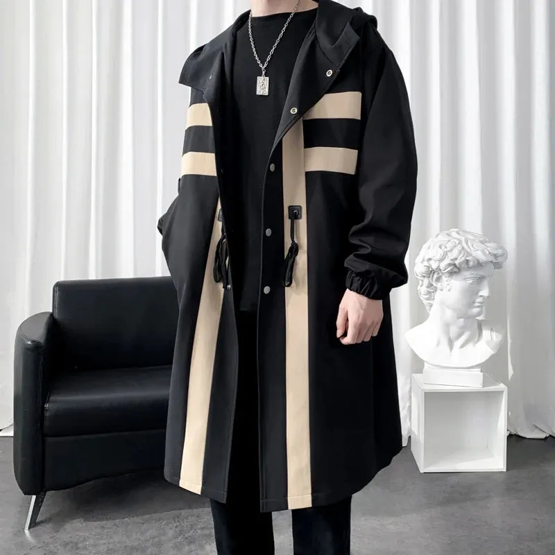 Chicmy-New Trench coat Men's Windbreaker Patchwork Color Medium Long Trenchcoat Korean Fashion Covered Button Male Hooded Trench Jacket