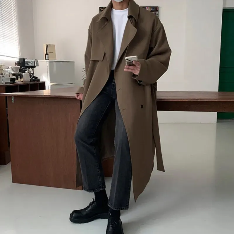 Chicmy-Trench Men Coat British Style Solid Double Breasted Oversize Leisure Long Coats Stylish Outwear Hombre Korean Style Windbreaker