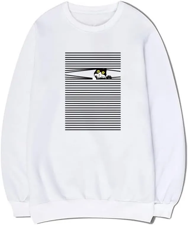 CORIRESHA Funny Cat Sweatshirt Crew Neck Long Sleeve Cotton Casual Striped Pullover