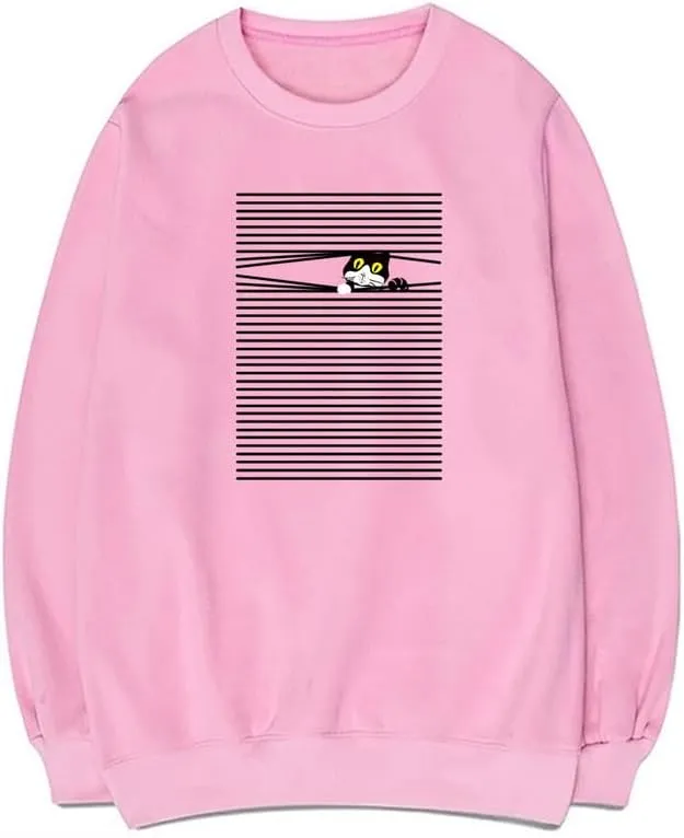 CORIRESHA Funny Cat Sweatshirt Crew Neck Long Sleeve Cotton Casual Striped Pullover