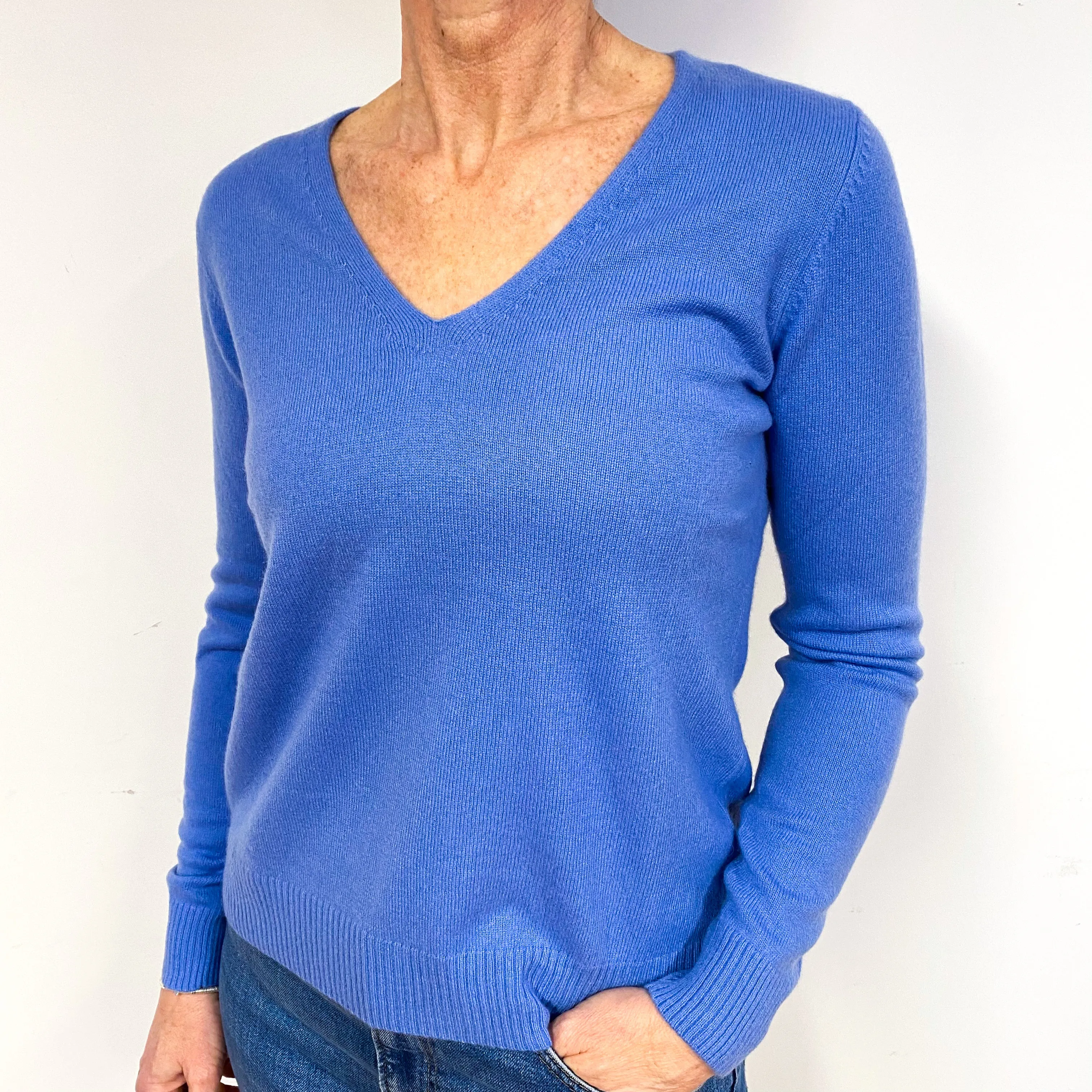 Cornflower Blue Cashmere V-Neck Jumper Medium