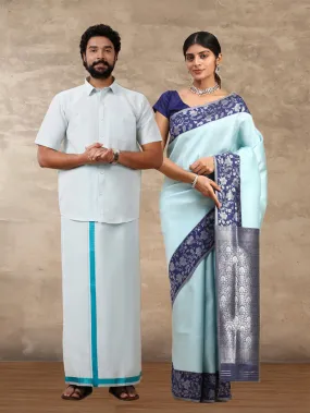 Couple Combo Tissue Ramar Green Jari Dhoti & Shirt Set with Semi Silk Saree SS281