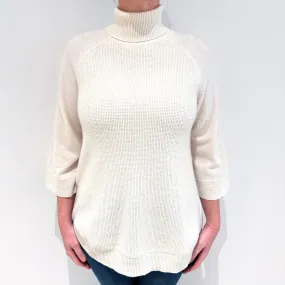 Cream 3/4 Sleeve Cashmere Polo Neck Jumper Large