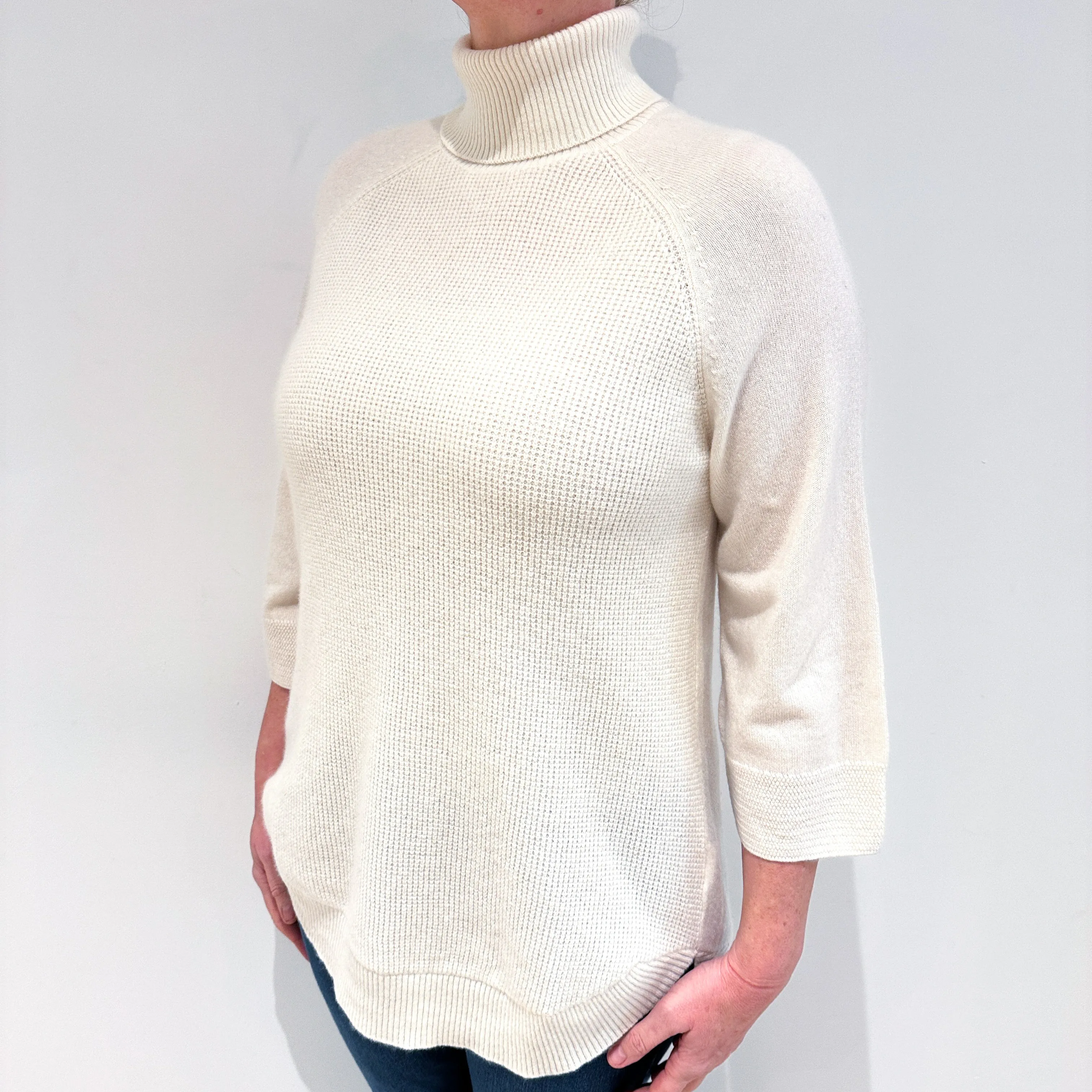 Cream 3/4 Sleeve Cashmere Polo Neck Jumper Large