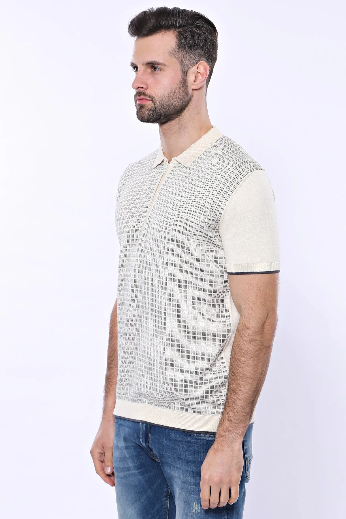 Cream Plaid Zippered Polo Knitted T-Shirt | Wessi