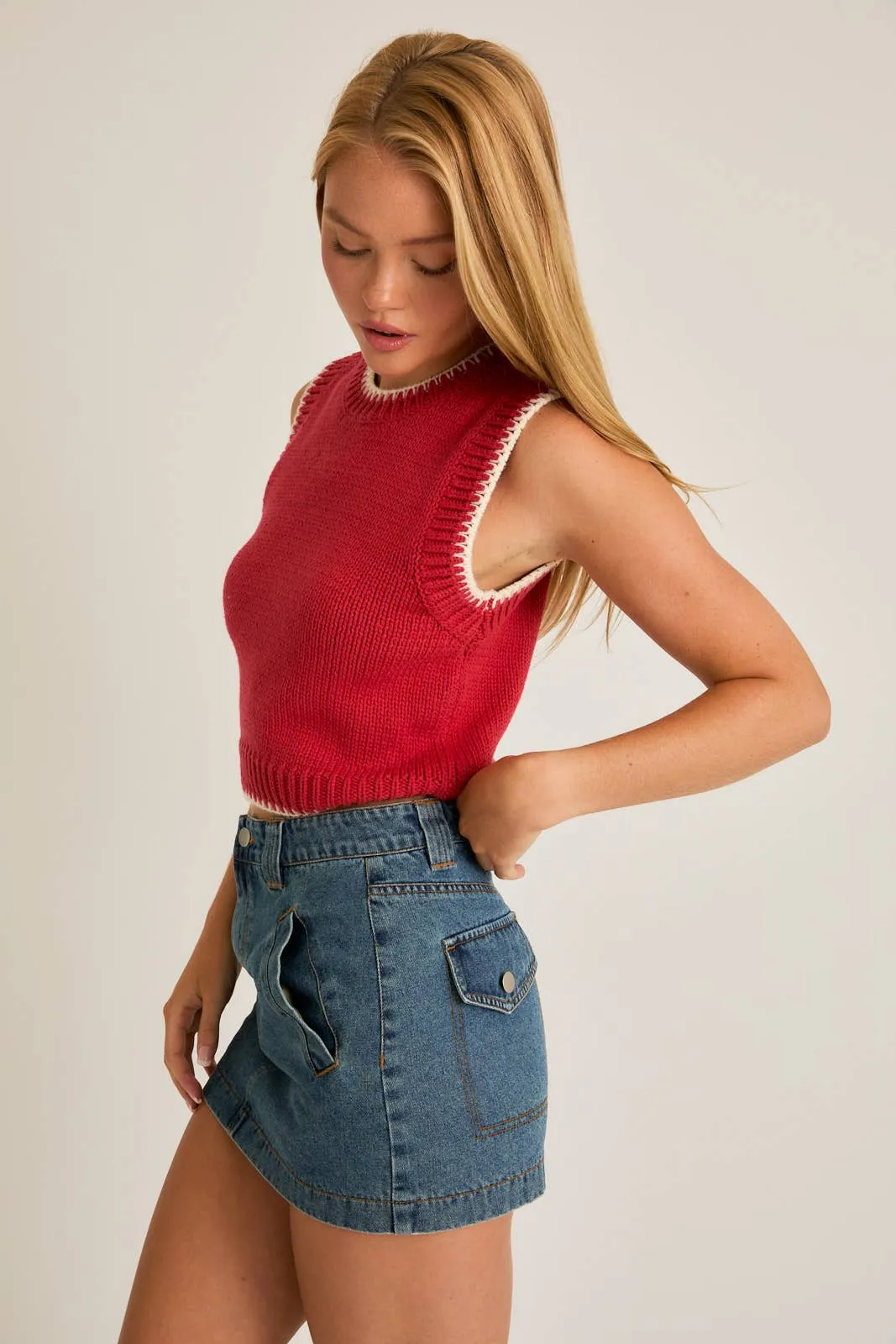 Crew Neck Sweater Top with Stitching Detail