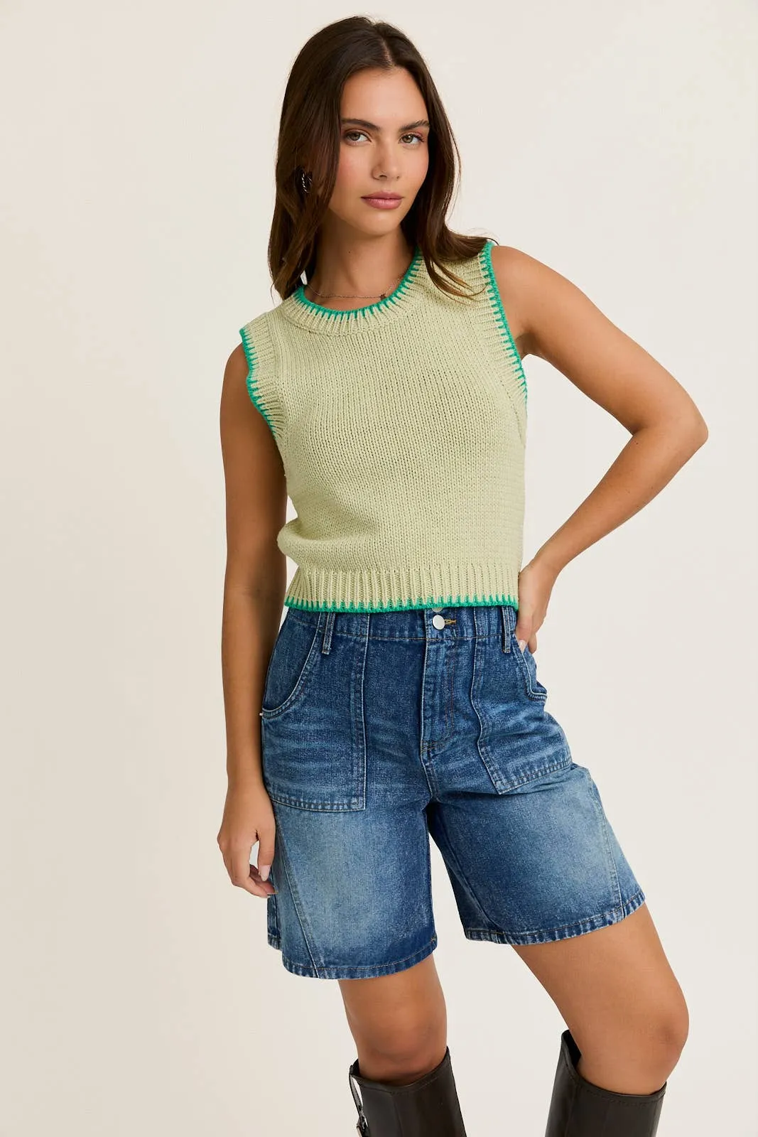 Crew Neck Sweater Top with Stitching Detail