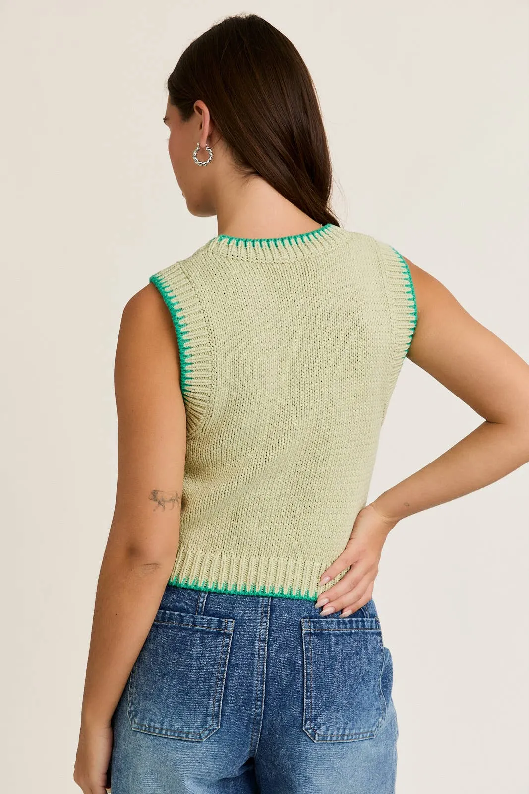 Crew Neck Sweater Top with Stitching Detail