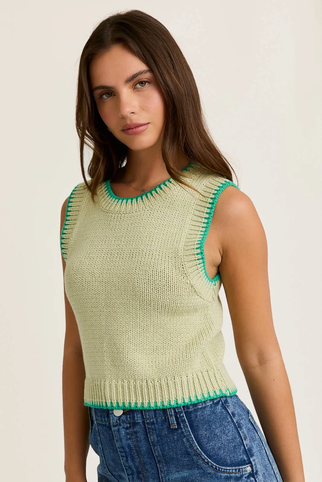 Crew Neck Sweater Top with Stitching Detail