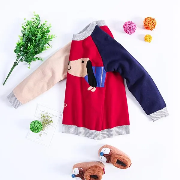 Cute Dog Pattern Color Block Little Boys Knitted Sweater