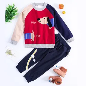 Cute Dog Pattern Color Block Little Boys Knitted Sweater