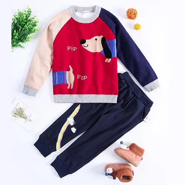 Cute Dog Pattern Color Block Little Boys Knitted Sweater