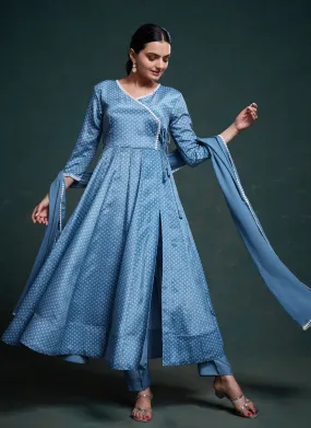 Cyan Blue Luxurious Chinnion Silk Party Wear Anarkali Suit Set