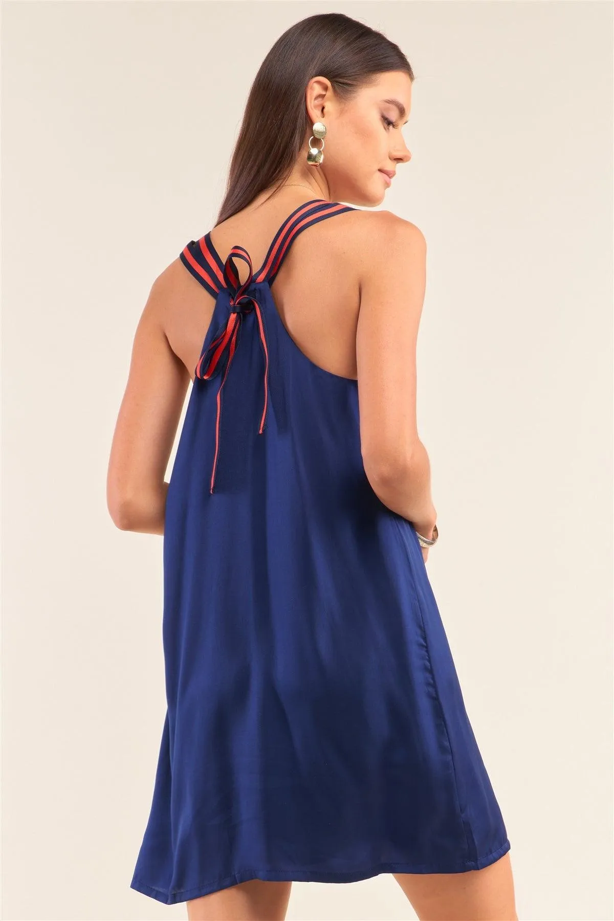 Deep Blue Satin Sleeveless V-Neck Razor Back Relaxed Fit Mini Dress /3-1-2