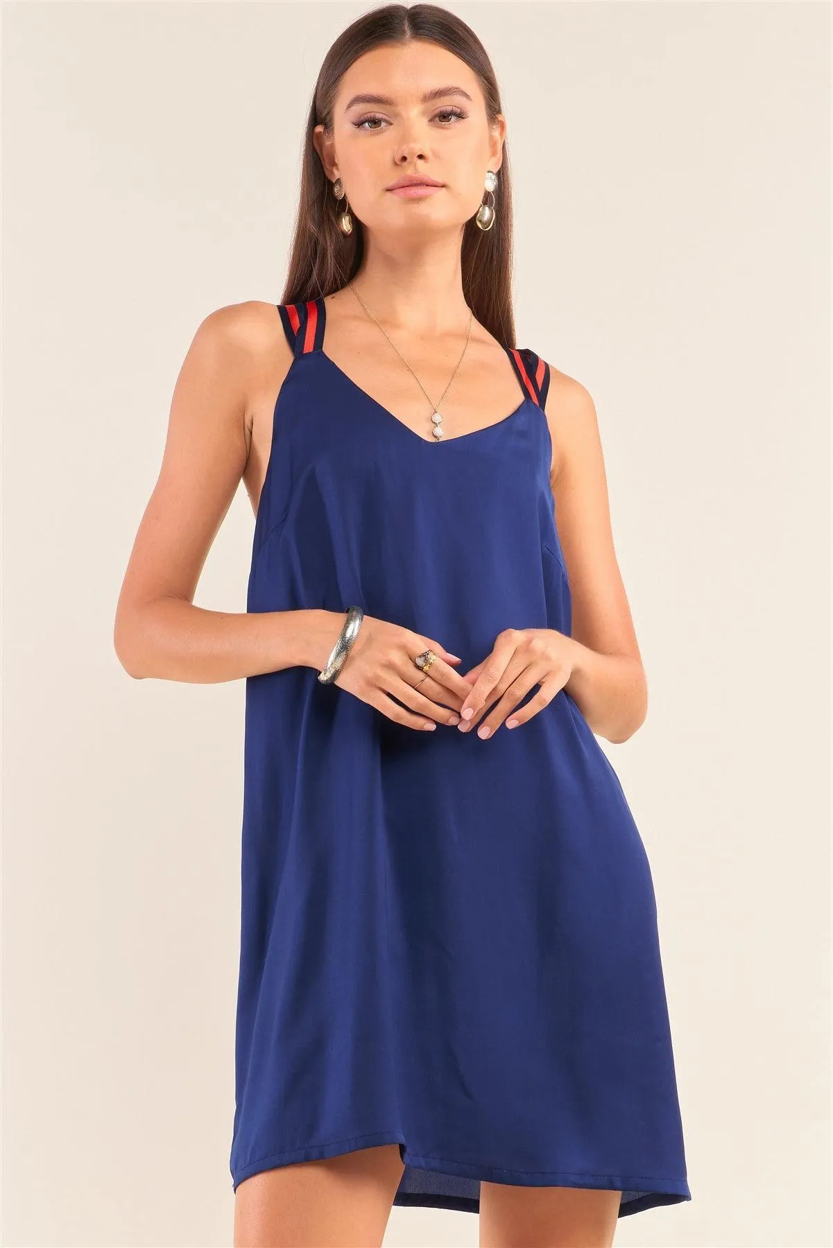 Deep Blue Satin Sleeveless V-Neck Razor Back Relaxed Fit Mini Dress /3-1-2