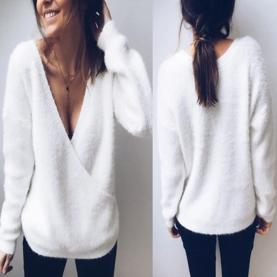 Deep V-neck Solid Color Women Pullover Wrap Sweater