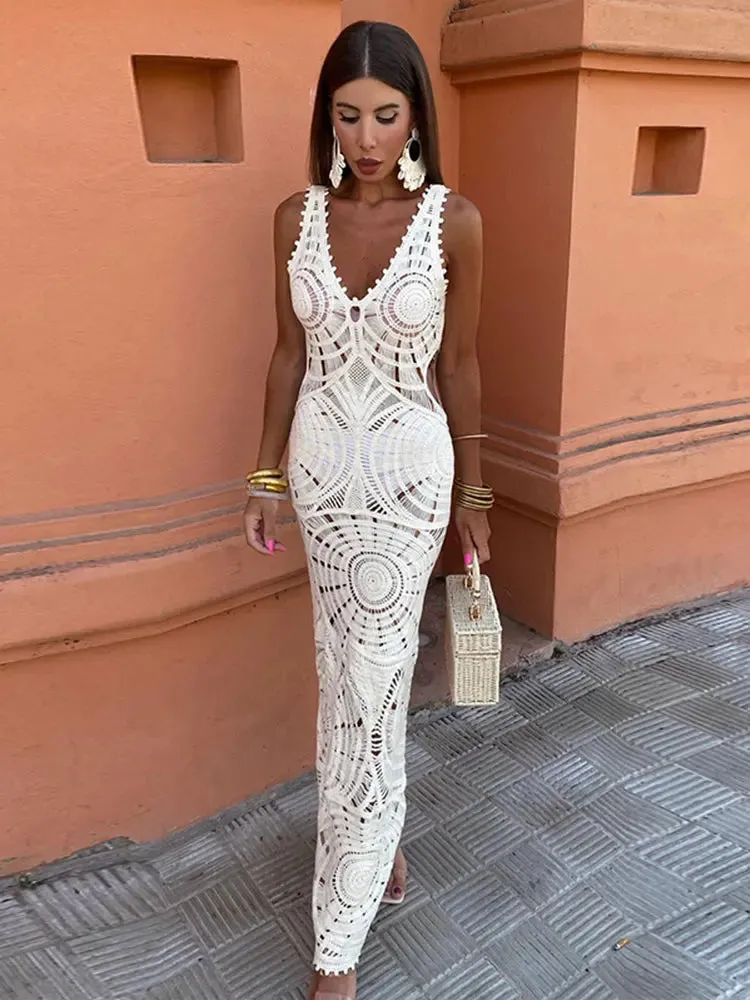 Elegant White / Ivory Knitted Crochet Dress