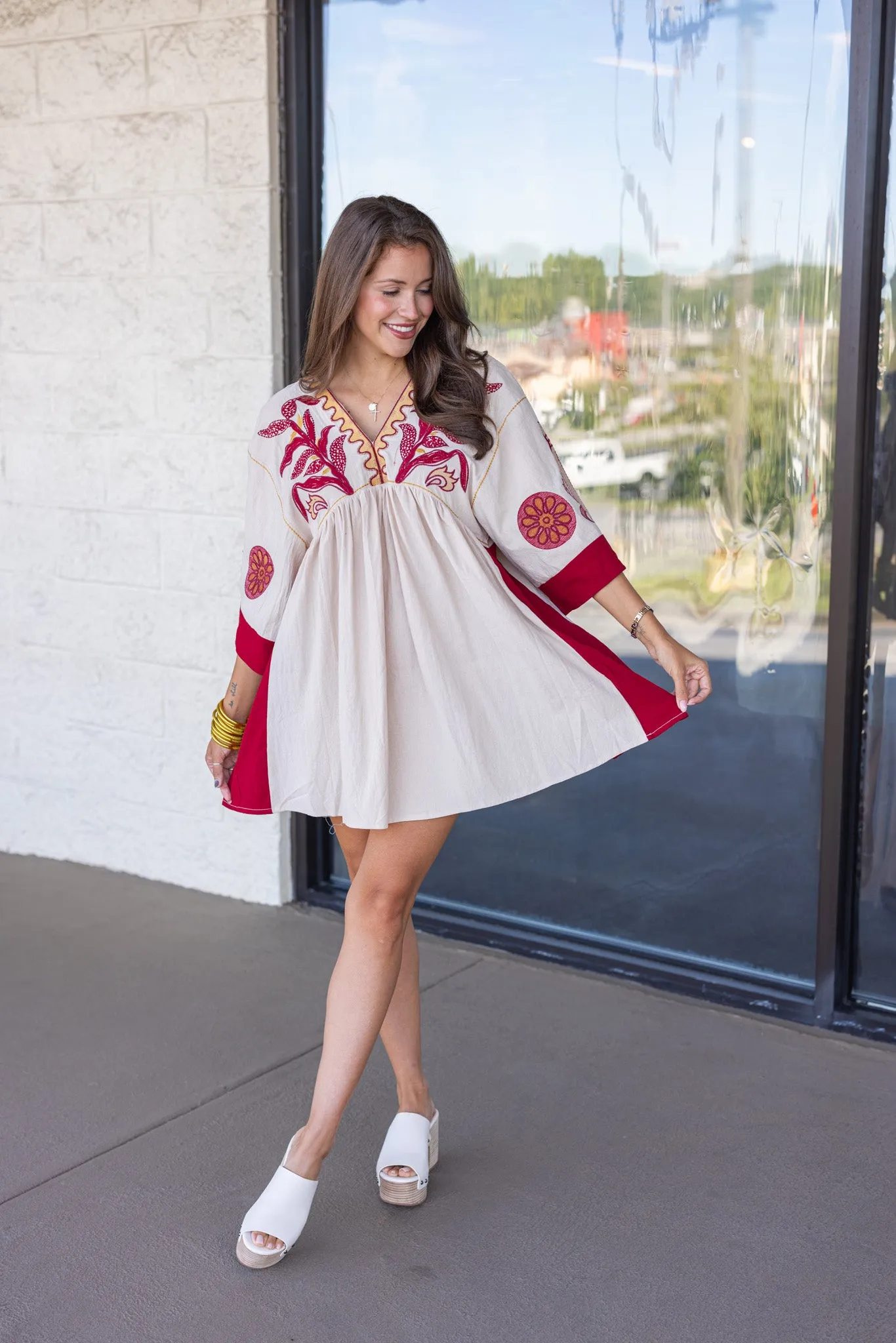 Embroidered Trends Taupe Babydoll Dress