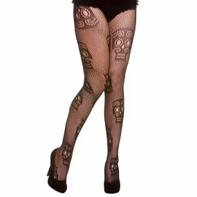 Fishnet Skull Tights Adults Black Day Of The Dead Fancy Dress