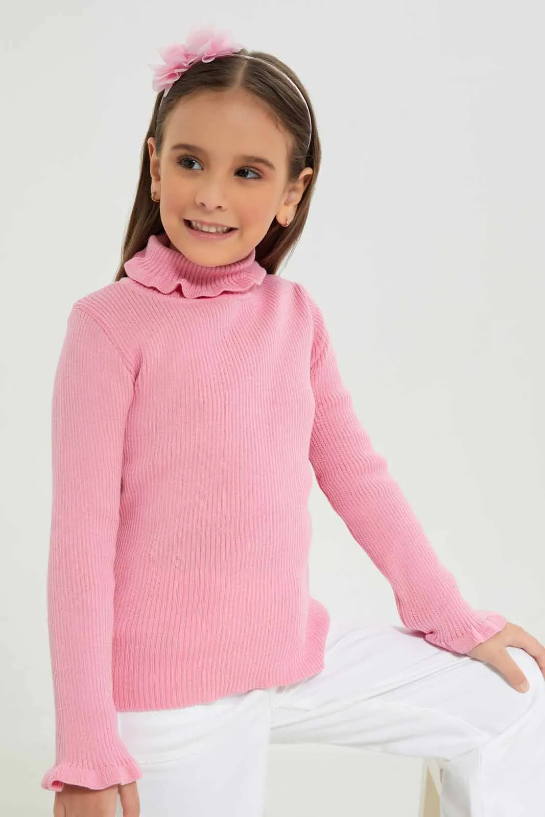 Girls Pink Turtle Neck Pullover