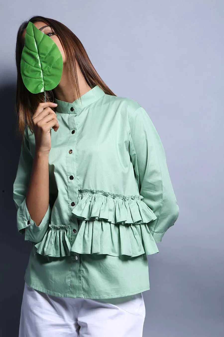 Green Cotton Ruffled Shirt Top