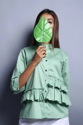 Green Cotton Ruffled Shirt Top