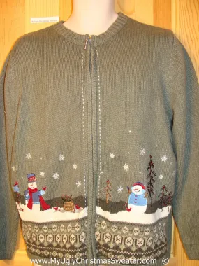 Green Festive Christmas Sweater with Winter Snowmen