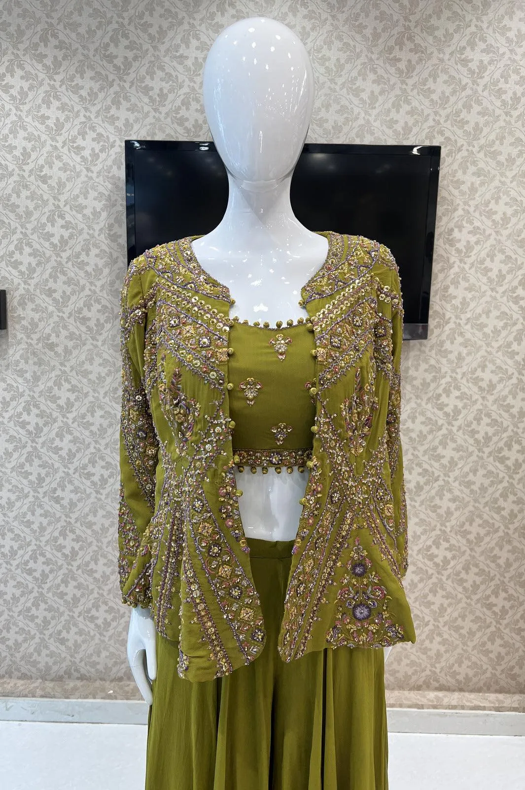 Green Multicolor Thread, Beads, Sequins and Stone work Overcoat Styled Palazzo Suit Set