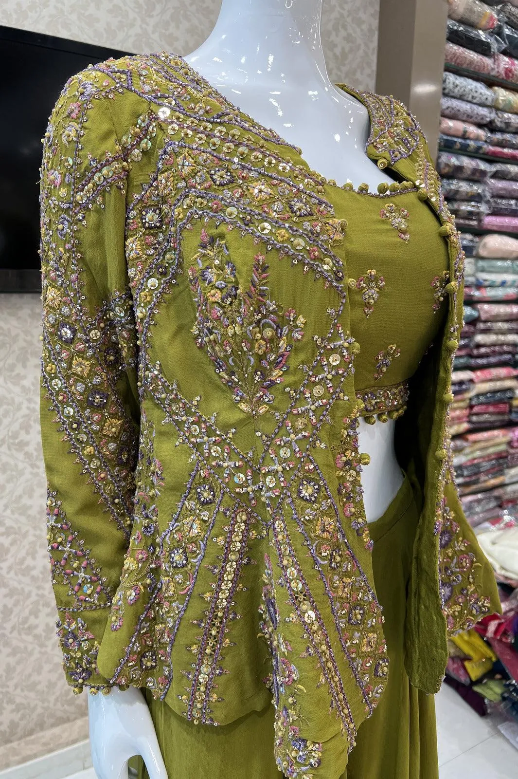 Green Multicolor Thread, Beads, Sequins and Stone work Overcoat Styled Palazzo Suit Set