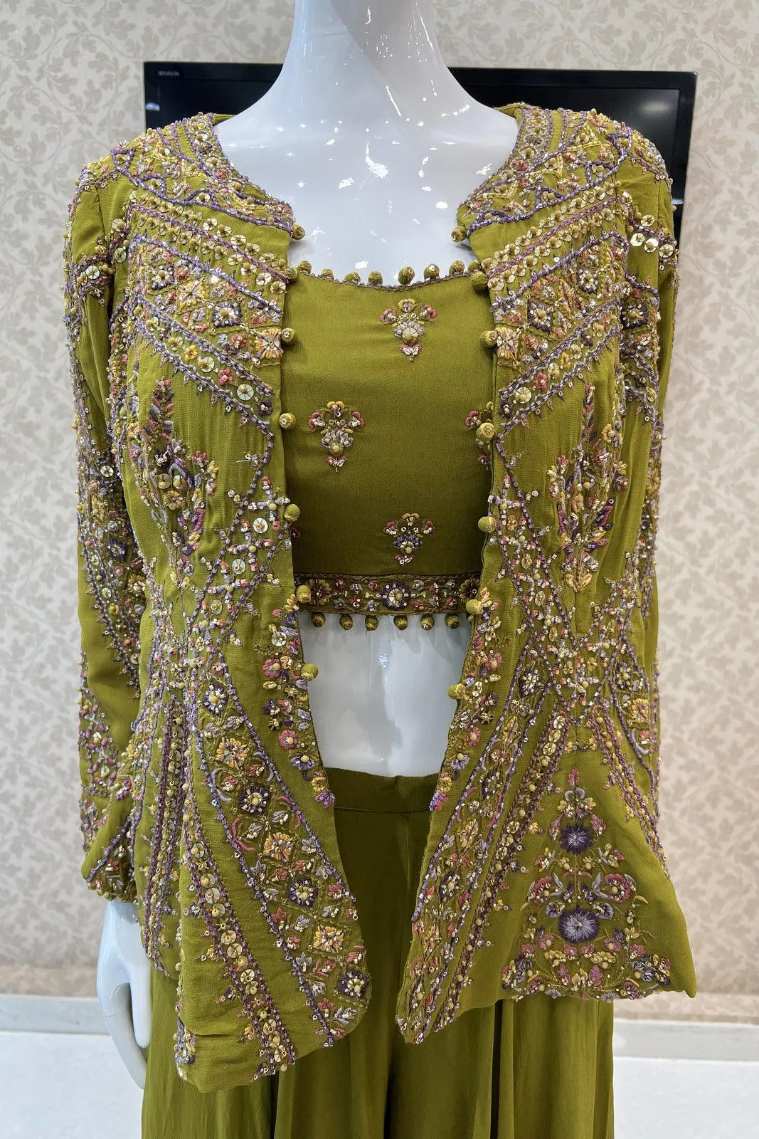 Green Multicolor Thread, Beads, Sequins and Stone work Overcoat Styled Palazzo Suit Set