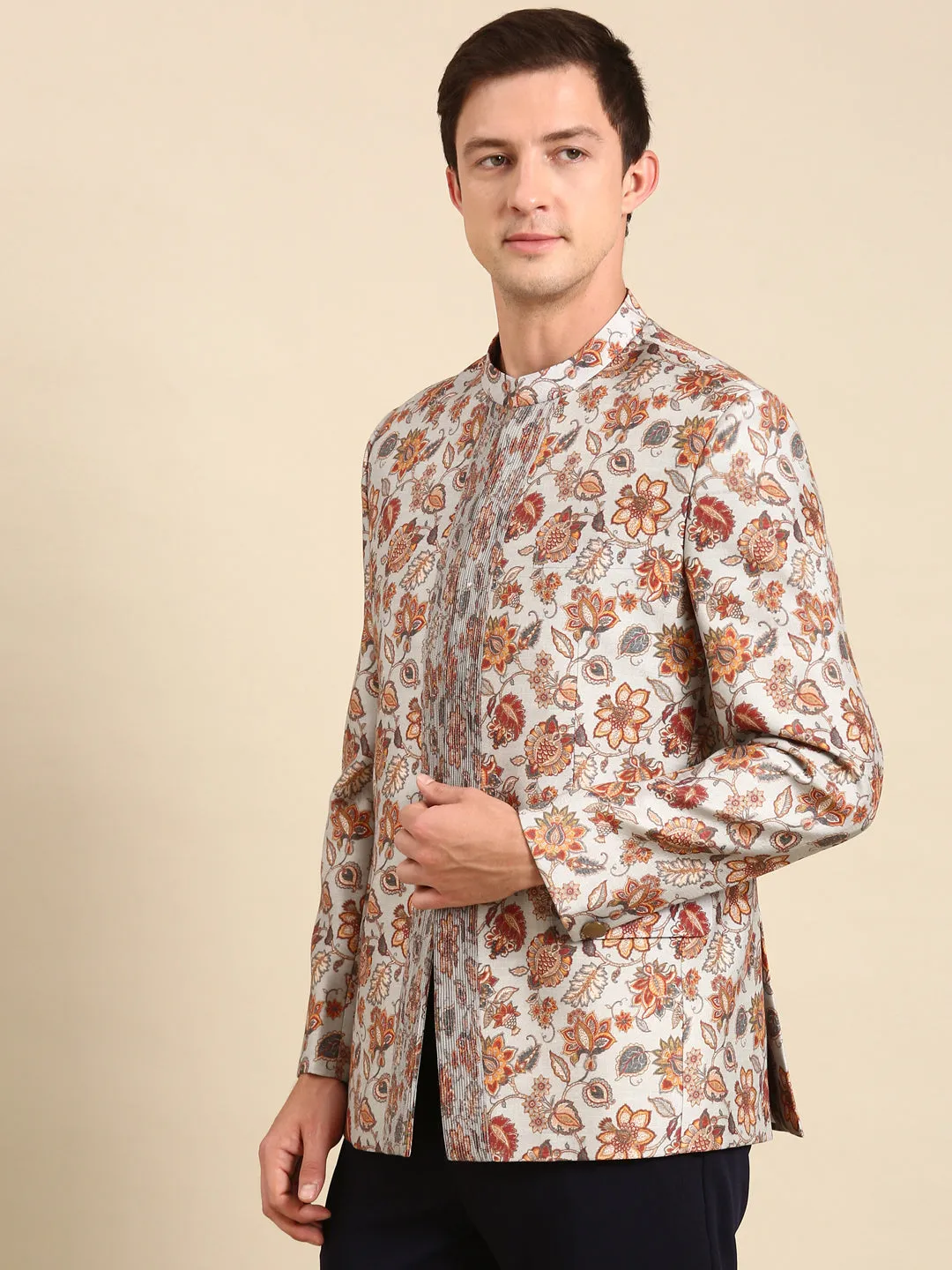 Grey Floral Printed Designer Bandhgala - MMJ0150