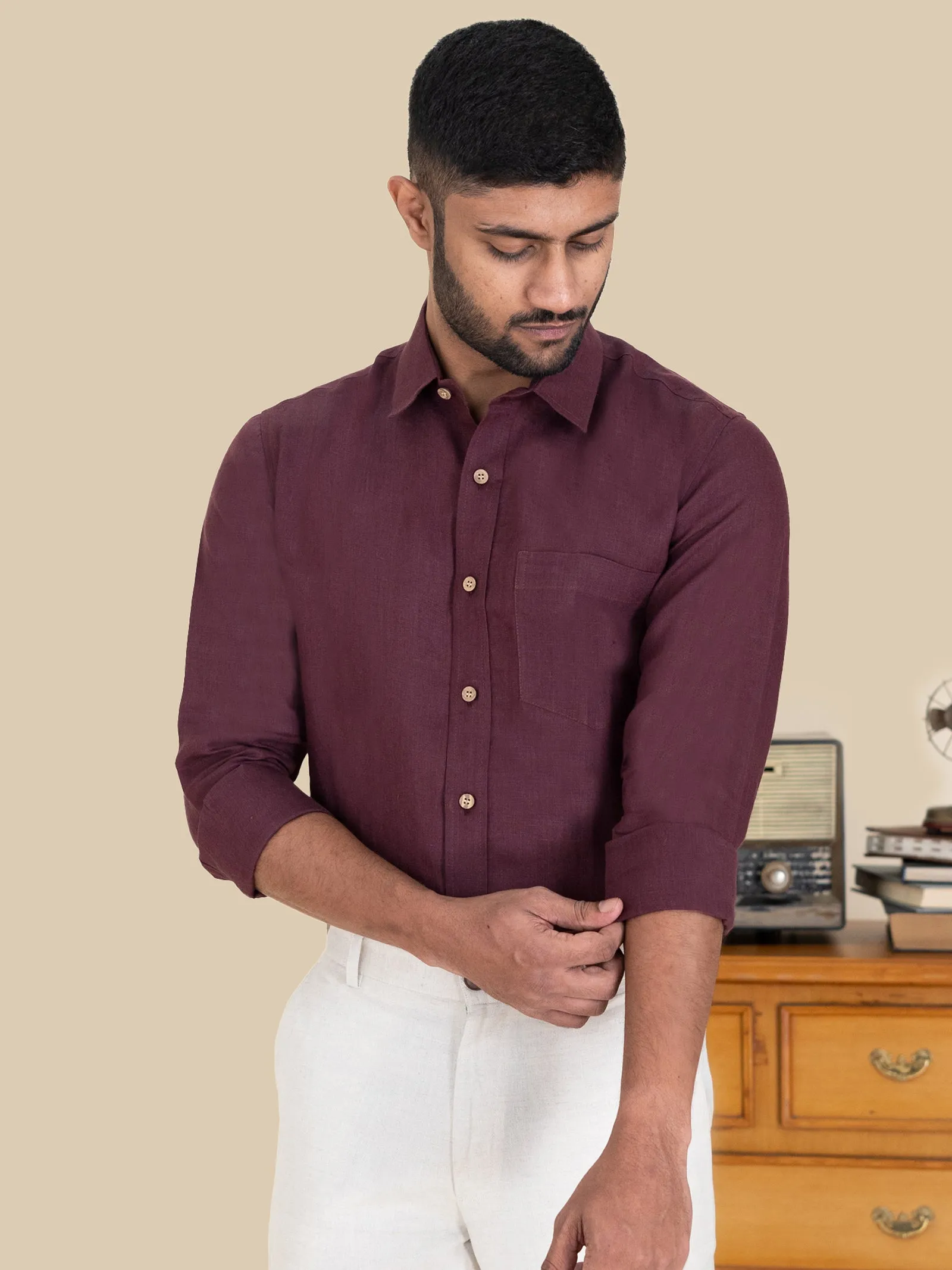 Harvey - Pure Linen Full Sleeve Shirt - Wine Red (Factory Rescue)