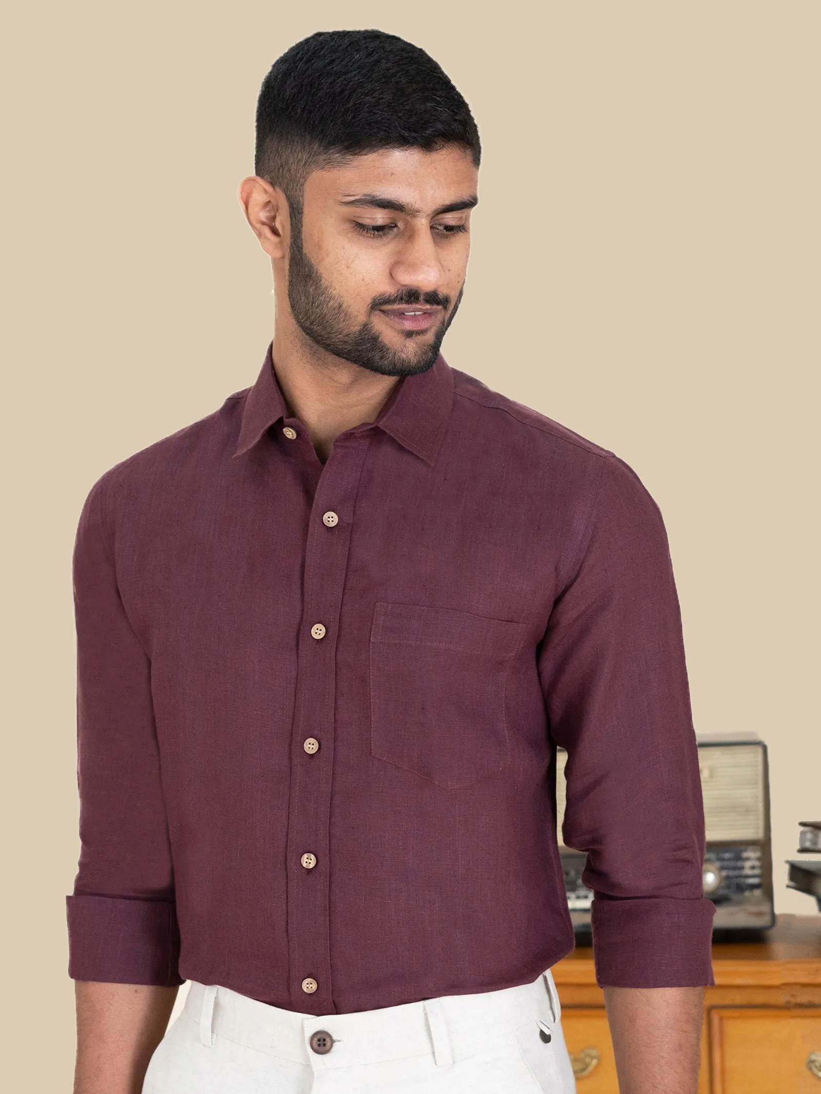 Harvey - Pure Linen Full Sleeve Shirt - Wine Red (Factory Rescue)