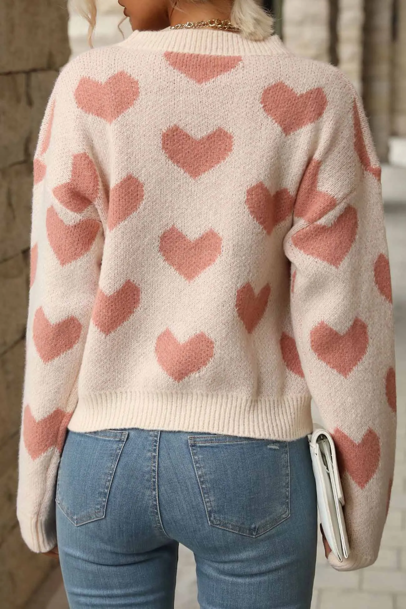 Heart Printed Crew Neck Knitted Sweater