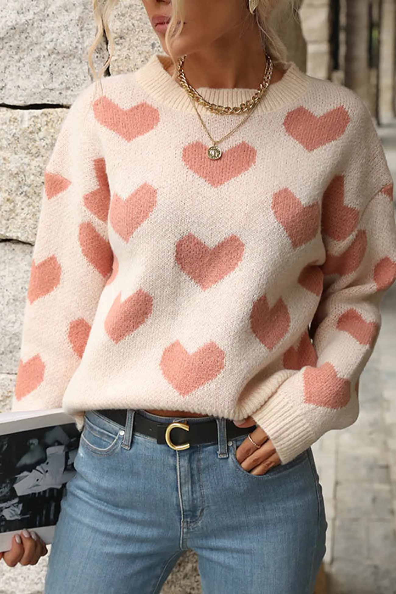 Heart Printed Crew Neck Knitted Sweater