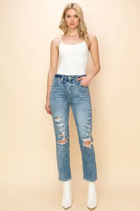 HIGH RISE STRETCH DISTRESSED MOM JEANS