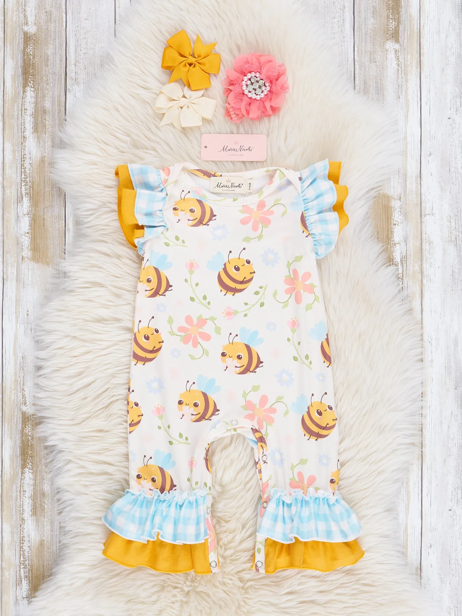 Honey Bee Gingham Ruffle Romper