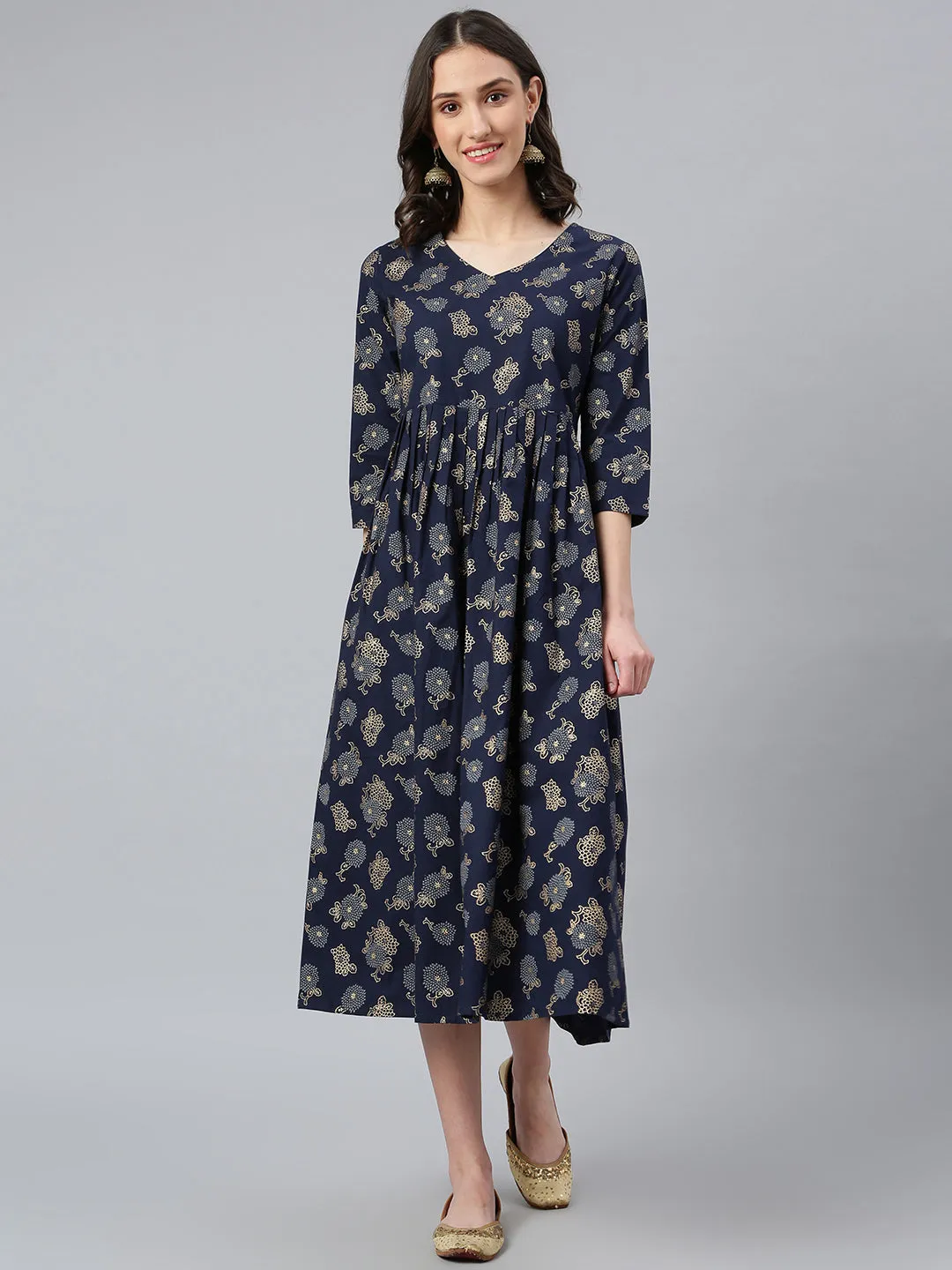 Idalia Navy Blue Gold Floral Printed Dress