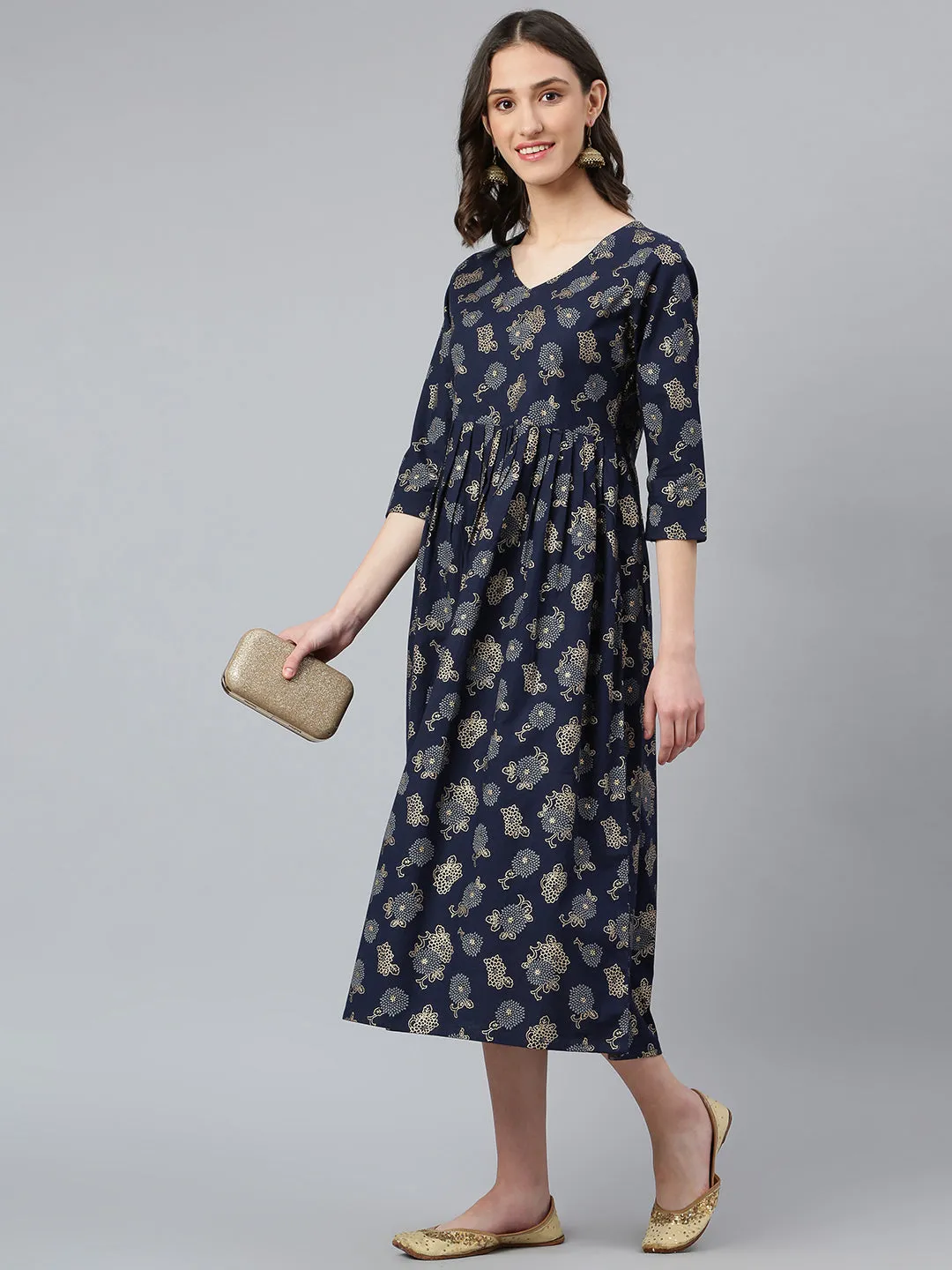 Idalia Navy Blue Gold Floral Printed Dress