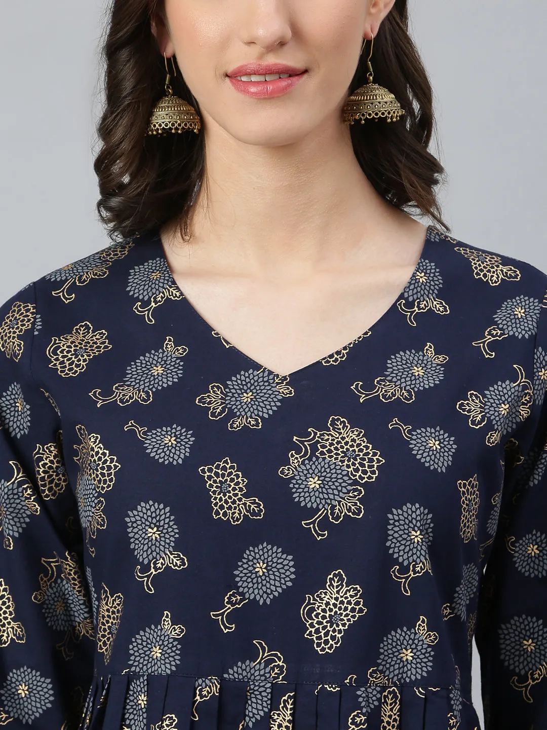 Idalia Navy Blue Gold Floral Printed Dress