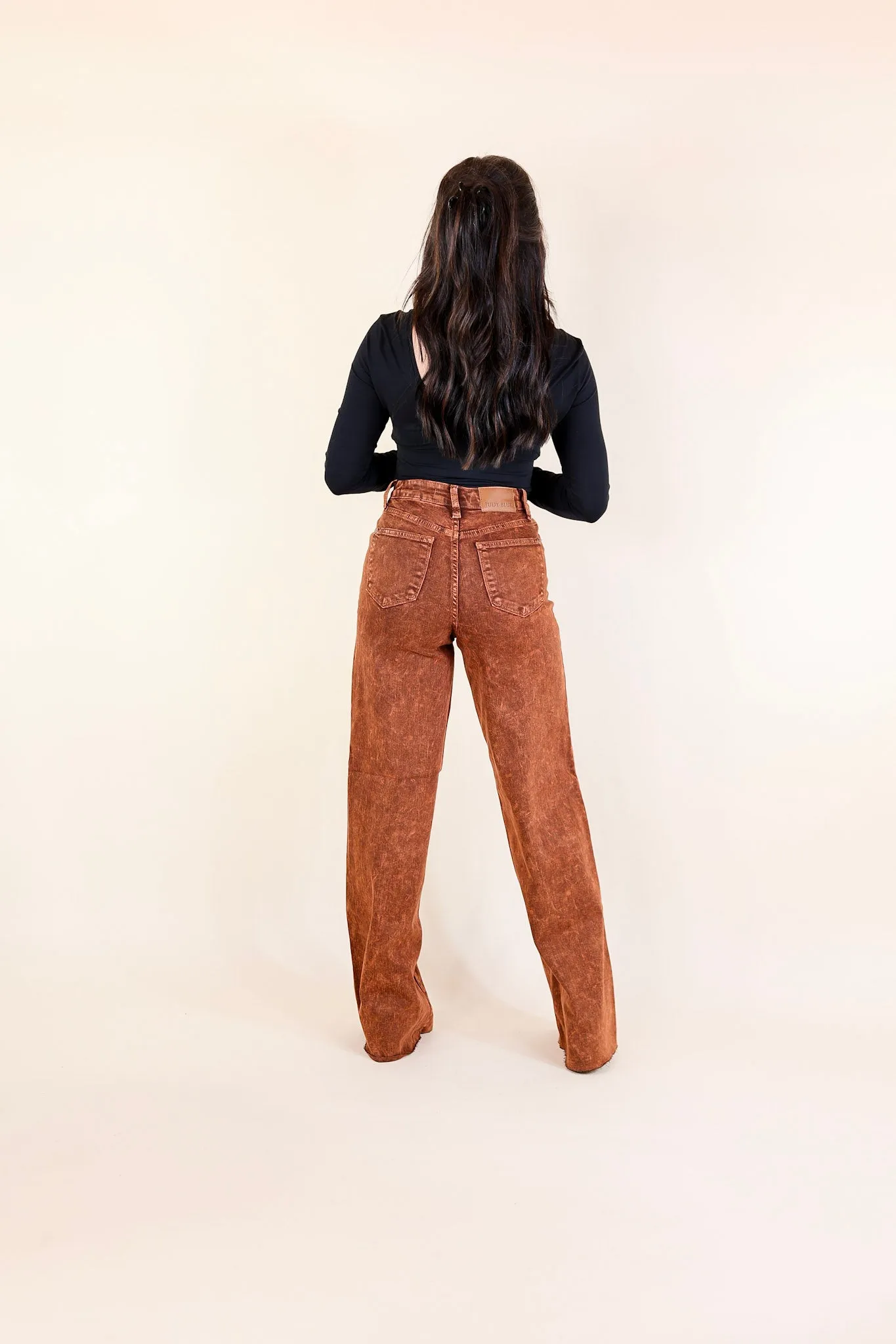 Judy Blue | Harvest Hues High Waisted Garment Dyed Wide Leg Jean with Raw Hem in Pumpkin Spice Brown