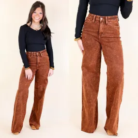 Judy Blue | Harvest Hues High Waisted Garment Dyed Wide Leg Jean with Raw Hem in Pumpkin Spice Brown