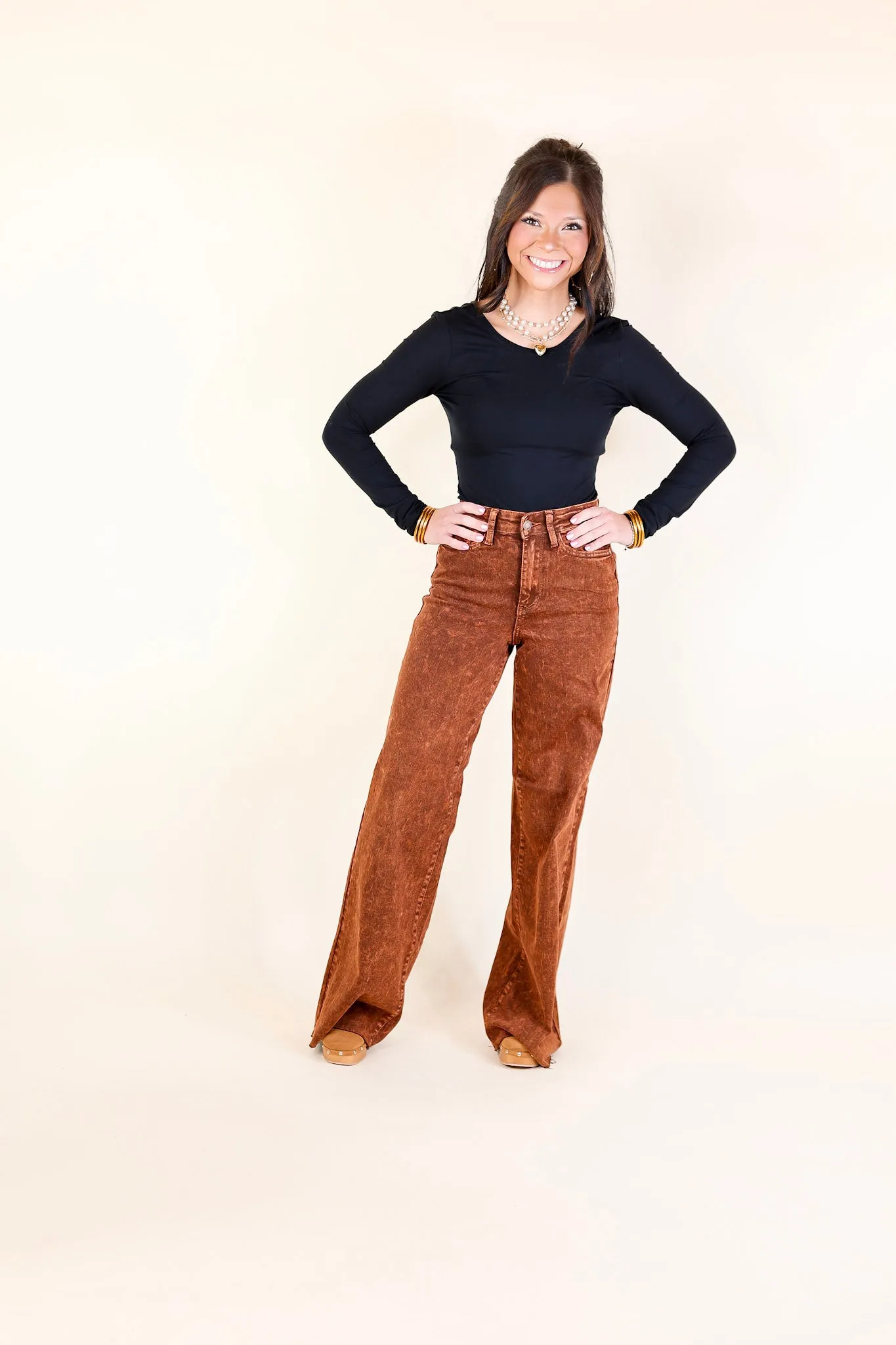 Judy Blue | Harvest Hues High Waisted Garment Dyed Wide Leg Jean with Raw Hem in Pumpkin Spice Brown