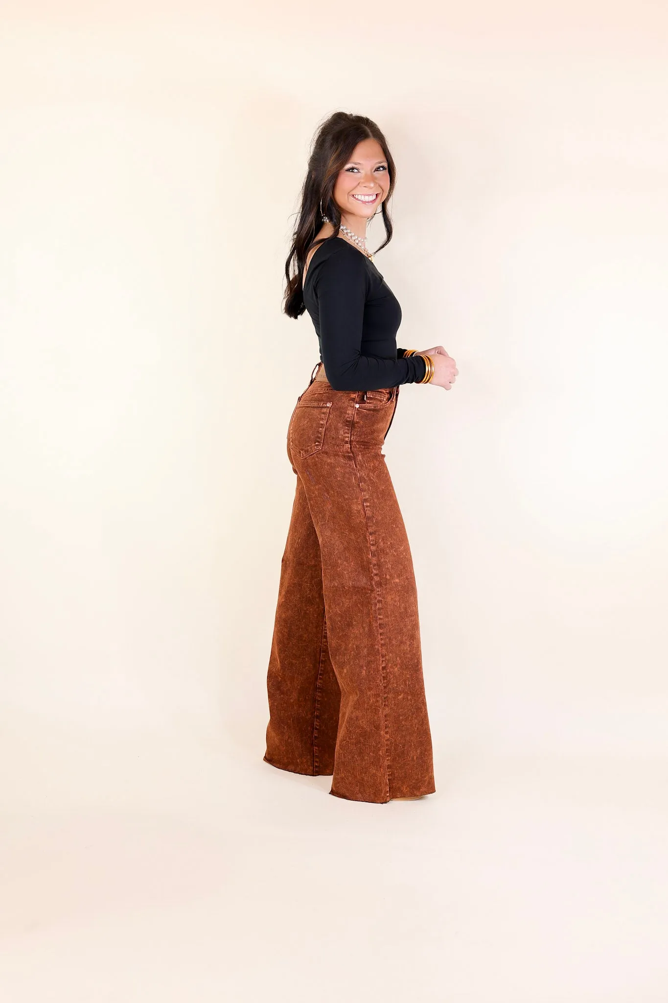 Judy Blue | Harvest Hues High Waisted Garment Dyed Wide Leg Jean with Raw Hem in Pumpkin Spice Brown